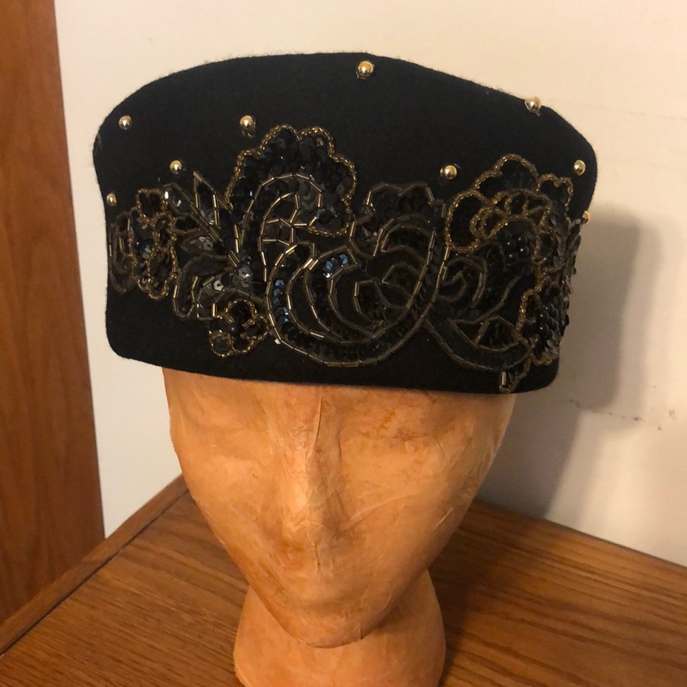 Sequined and beaded ladies wool hat